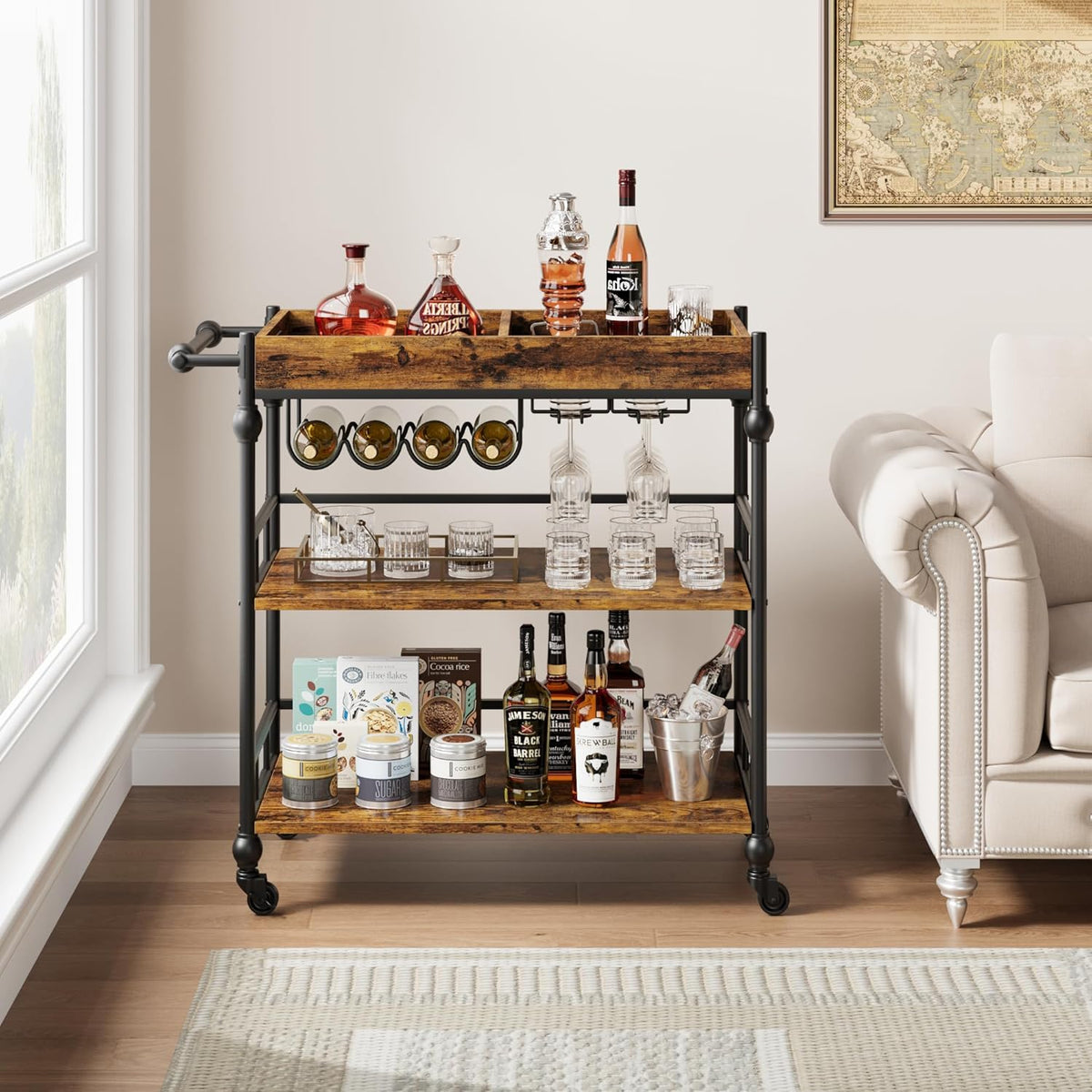 Bar Cart, Bar Carts for The Home, 3 Tier Serving Cart with Wheels, Home Bar & Serving Carts, Metal