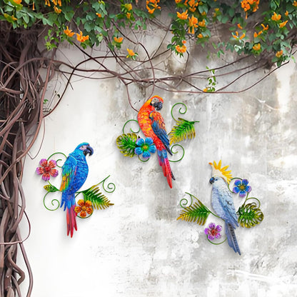 Metal Colorful Parrots Wall Art, 12 Inches Parrot Large Hanging Outside Decoration 3 Pack, Metal