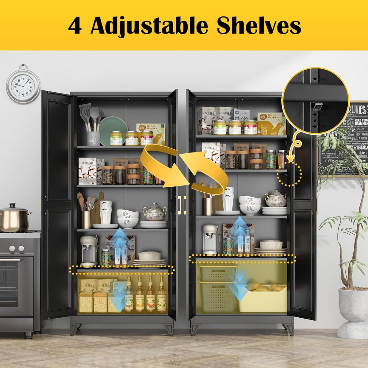 Kitchen Pantry Cabinet,75”Black Metal Storage Cabinets with Doors and 4 Adjustable Shelves,Kitchen