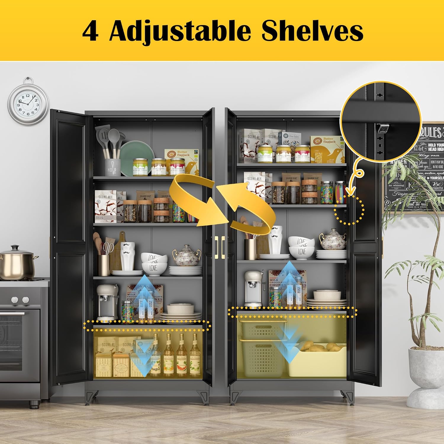 Kitchen Pantry Cabinet,75”Black Metal Storage Cabinets with Doors and 4 Adjustable Shelves,Kitchen