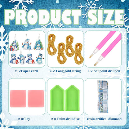 Skylety 20 Pcs Christmas Diamond Art Ornaments Kit Cute Snowman Diamond Painting Ornaments Tag DIY