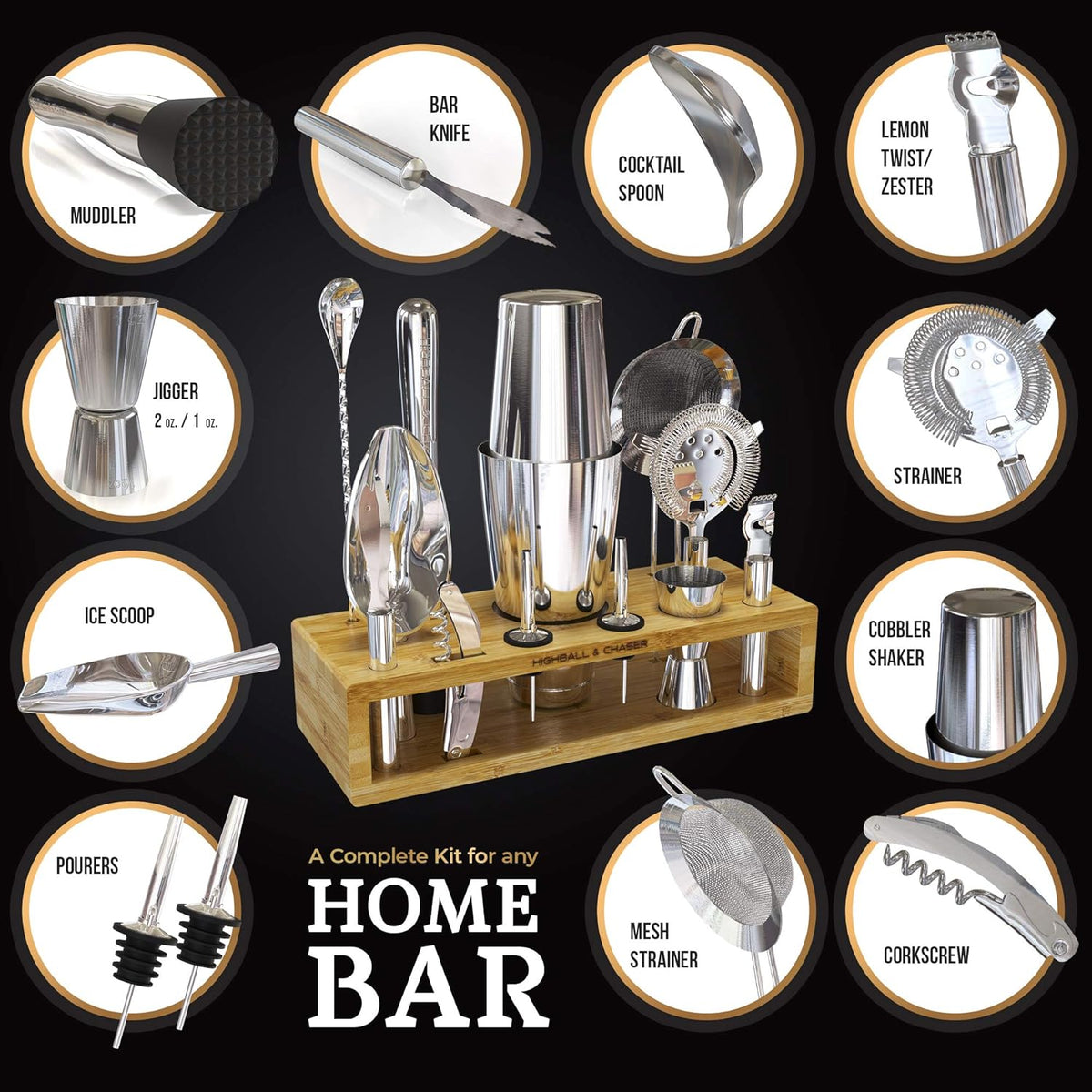 Highball & Chaser 13-Piece Boston Cocktail Shaker Set Stainless Steel Mixology Bartender Kit With