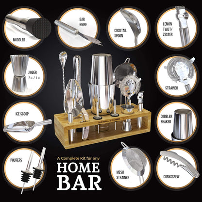 Highball & Chaser 13-Piece Boston Cocktail Shaker Set Stainless Steel Mixology Bartender Kit With