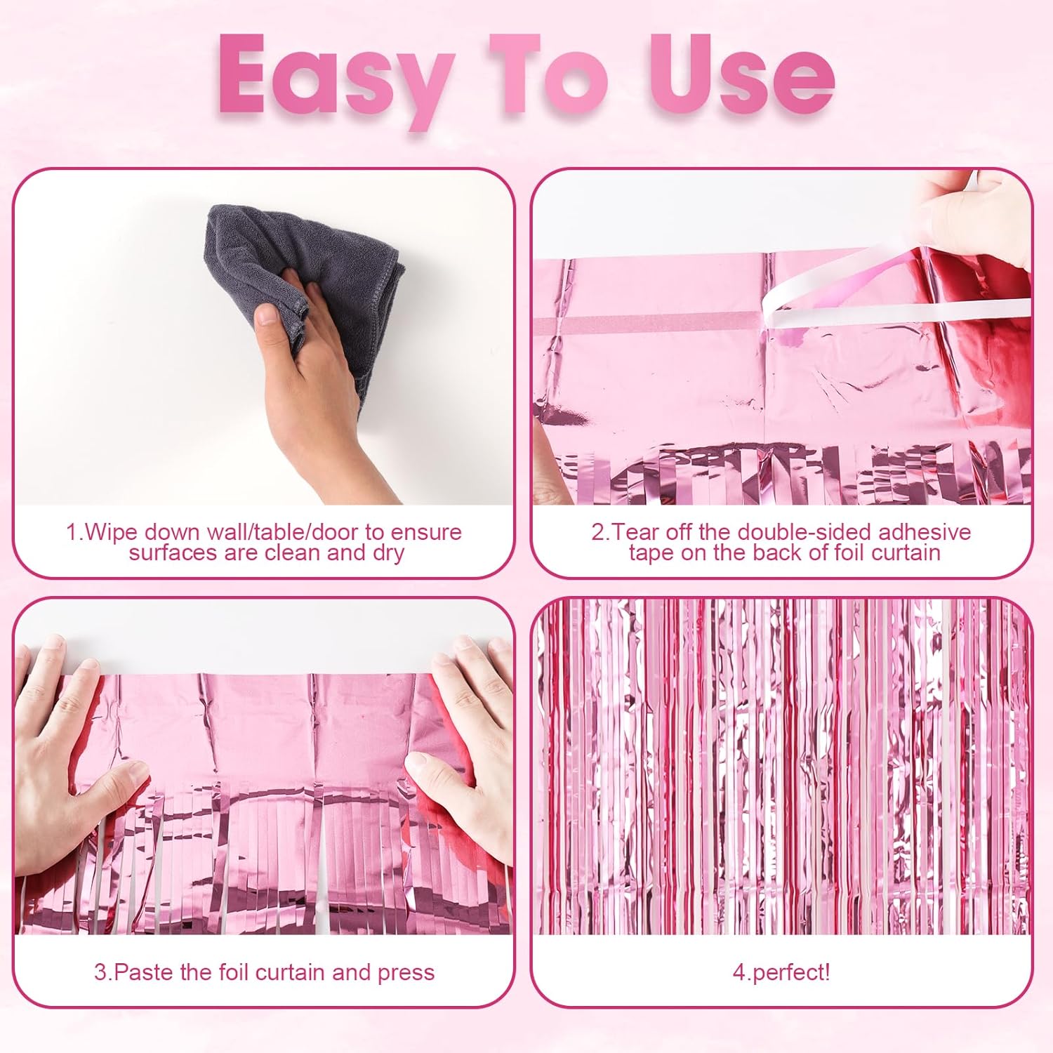 3 Pack 3.3 x 8.2 ft Light Pink Foil Fringe Backdrop Curtains, Tinsel Streamers Birthday Party