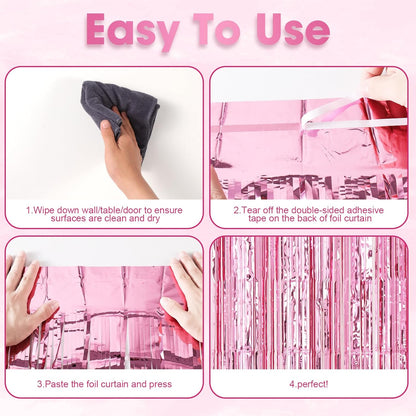 3 Pack 3.3 x 8.2 ft Light Pink Foil Fringe Backdrop Curtains, Tinsel Streamers Birthday Party