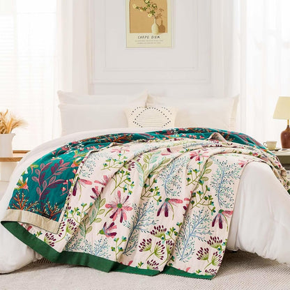 Boho Throw Blanket for Bed, 100% Cotton Soft Rustic Quilt Fall Blanket, 60"x80" Floral Printed