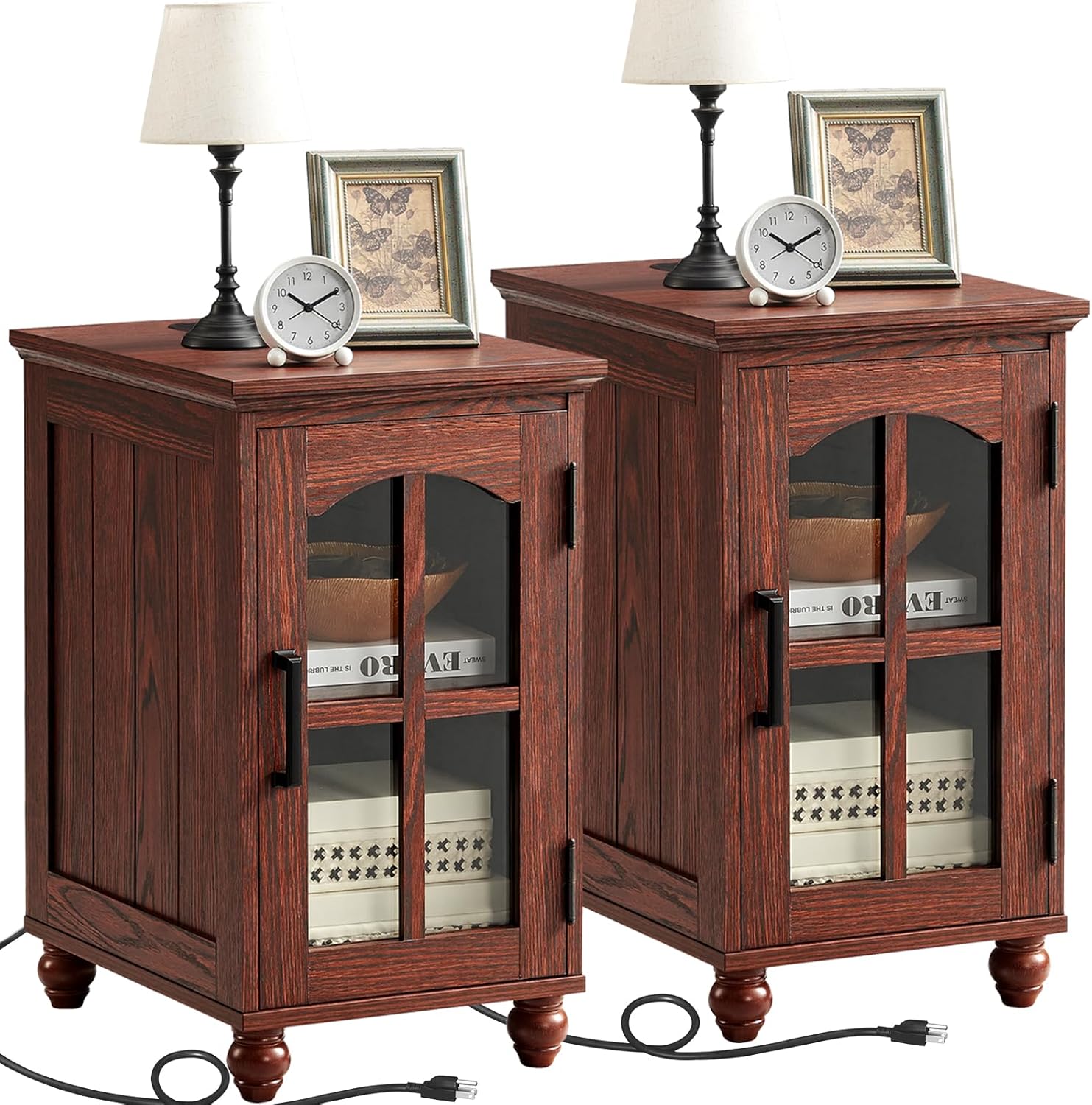 Narrow Side Table Set of 2,Farmhouse Nightstand with Charging Station,End Table with Glass Barn