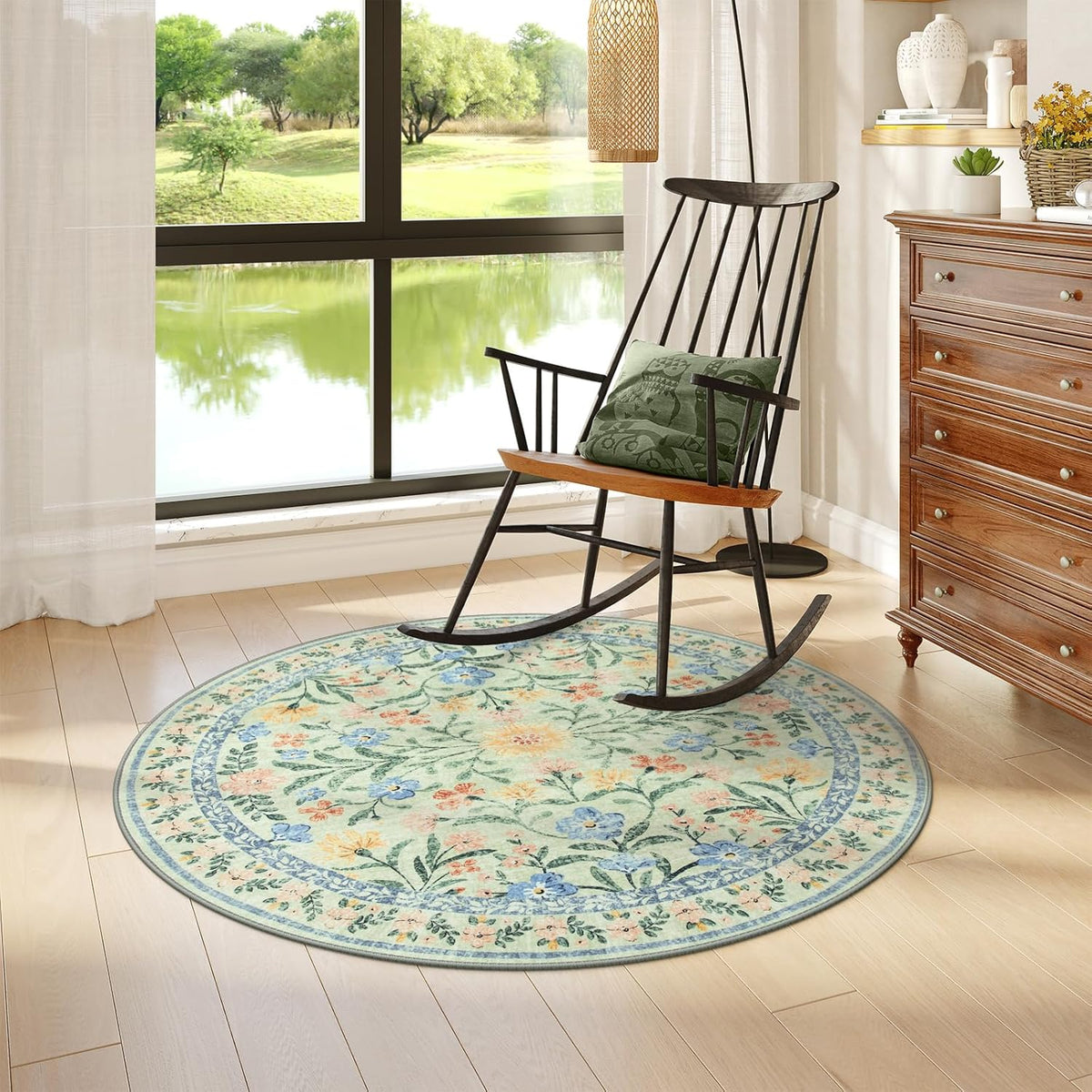 Wonnitar Washable Round Area Rug, 5ft Green Floral Round Rug Boho Soft Circle Carpet, Non Slip Low
