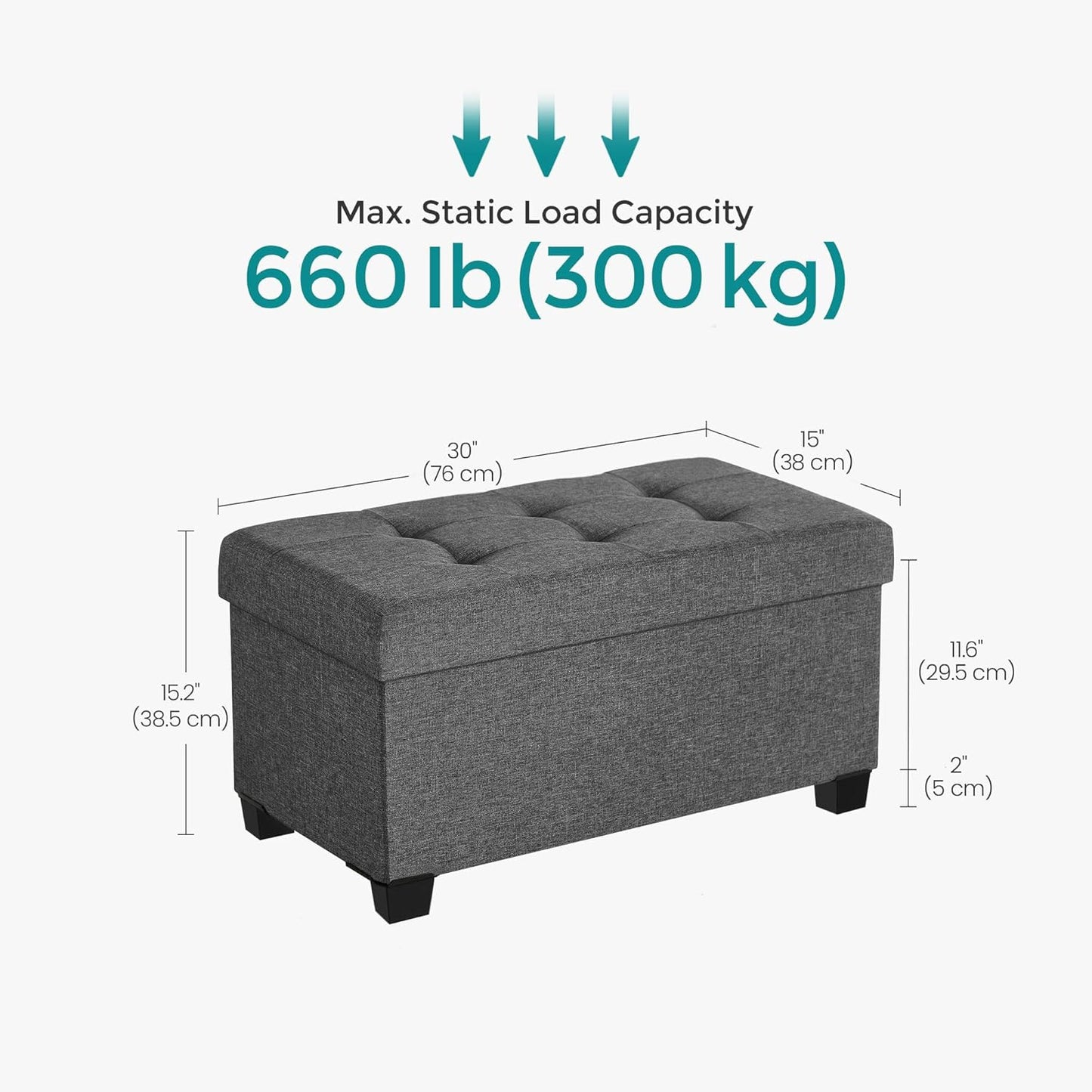 SONGMICS Storage Ottoman Bench, Foldable Foot Rest with Legs, 15 x 30 x 15.2 Inches, End of Bed