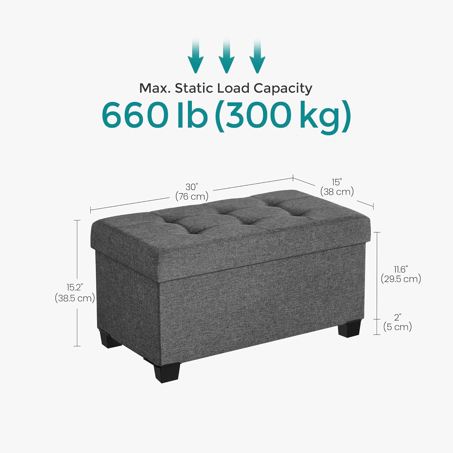 SONGMICS Storage Ottoman Bench, Foldable Foot Rest with Legs, 15 x 30 x 15.2 Inches, End of Bed