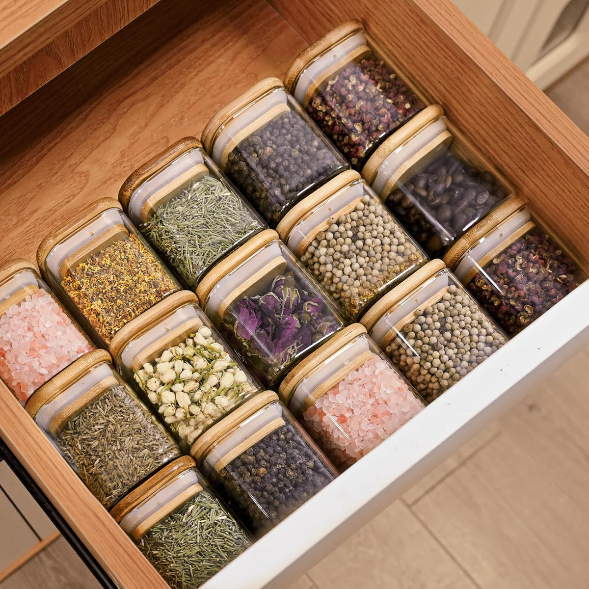 Glass Food Storage Jars Square 4oz, 12 Pack Glass Jars With Bamboo Lids, Kitchen Storage Containers