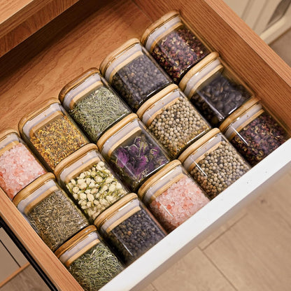 Glass Food Storage Jars Square 4oz, 12 Pack Glass Jars With Bamboo Lids, Kitchen Storage Containers