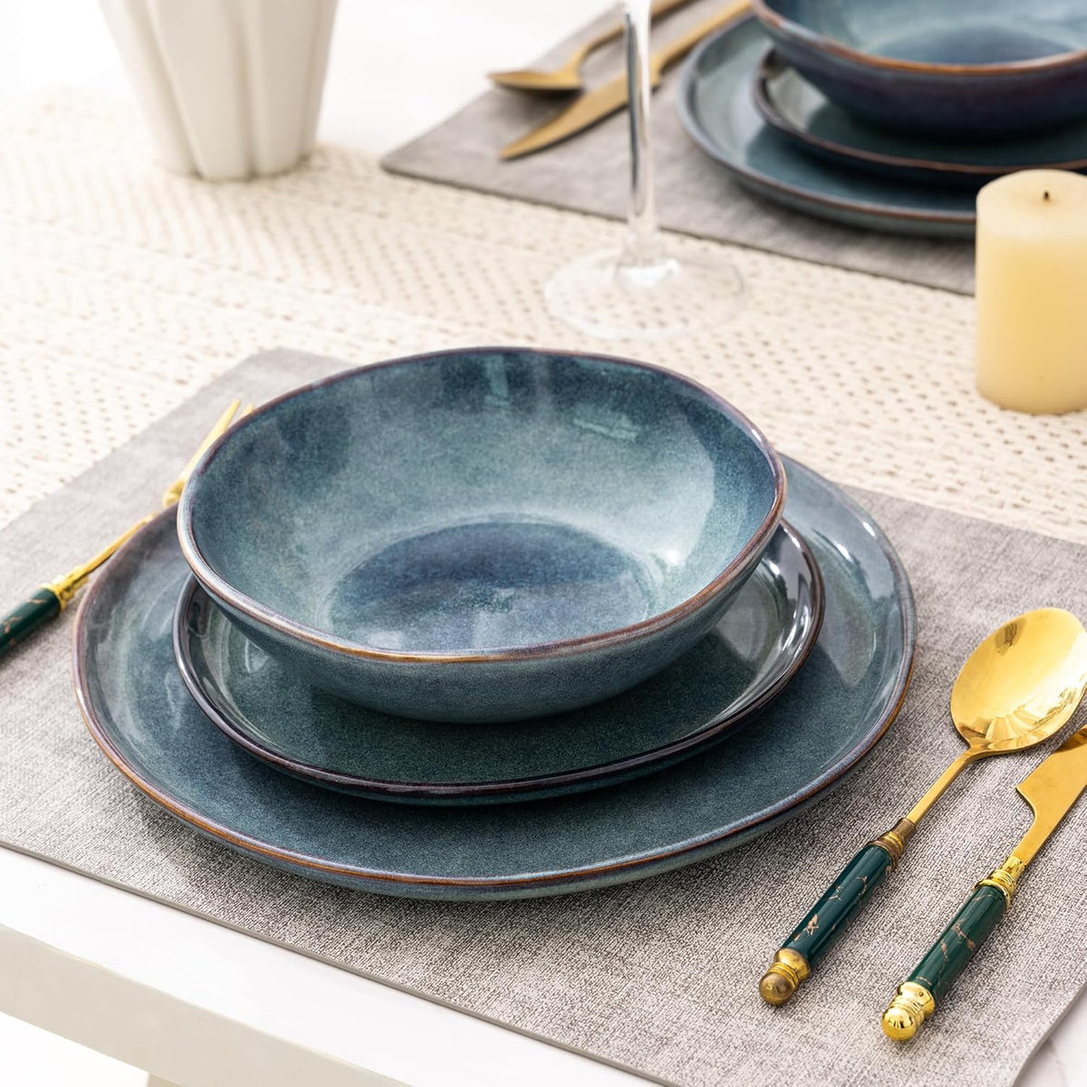 AmorArc Ceramic Dinnerware Sets,Handmade Reactive Glaze Stoneware Plates and Bowls Set,Highly