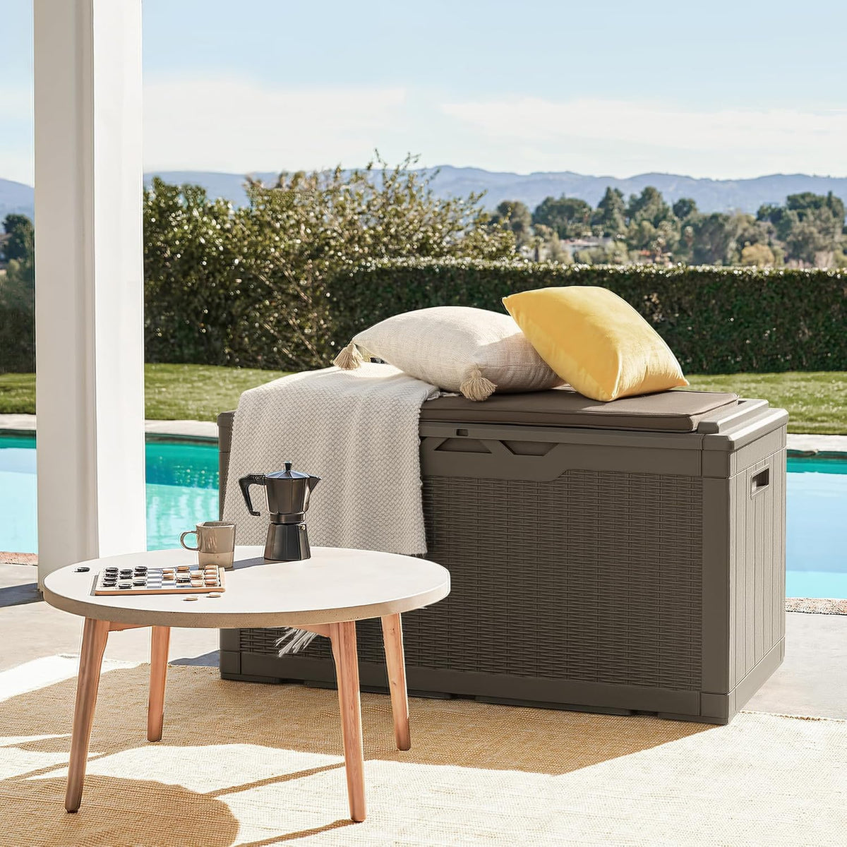 Flamaker Deck Box with Cushion 100 Gallon Waterproof Resin Storage Box with Air Rod Indoor Outdoor