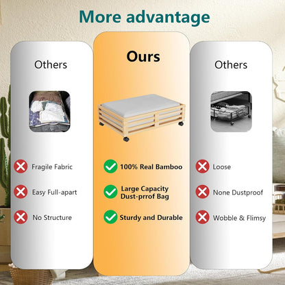 Bamboo Under Bed Storage Containers- Underbed Organizer with Wheels with Large Dust Bag,Sturdy Wood