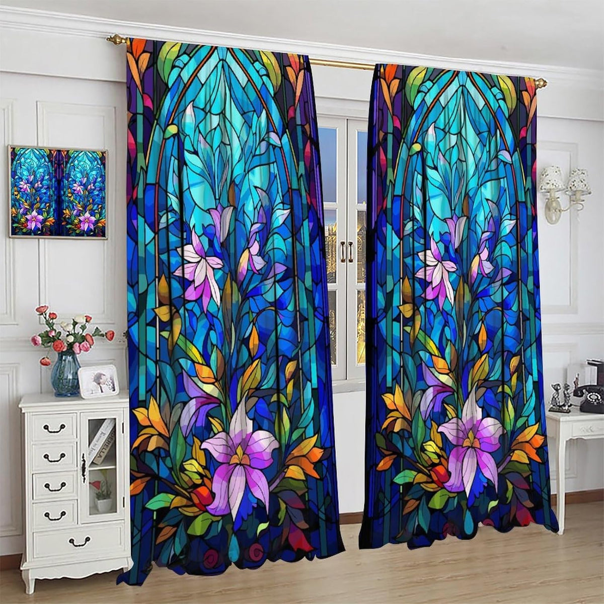 Stained Glass Curtains,Abstract Colorful Floral Geometric Art Home Decor Drapes for Bedroom Living