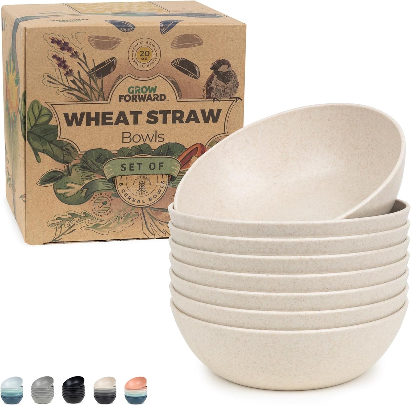 Grow Forward Premium Wheat Straw Bowls - 20oz Microwave Safe Plastic Cereal Bowls Set of 8 for