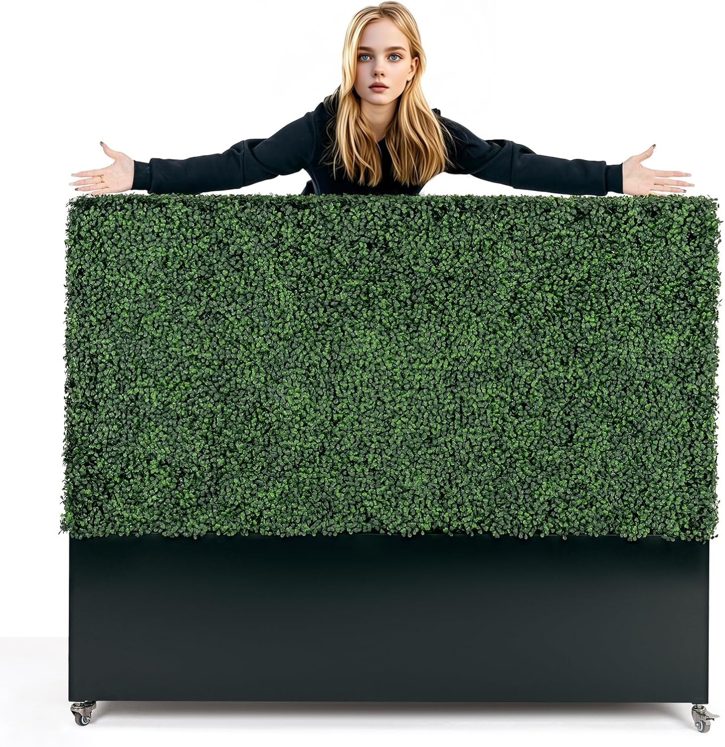 Artificial Boxwood Hedge Divider Wall with Black 201 Stainless Steel Planter Box (60" L X 48" H X