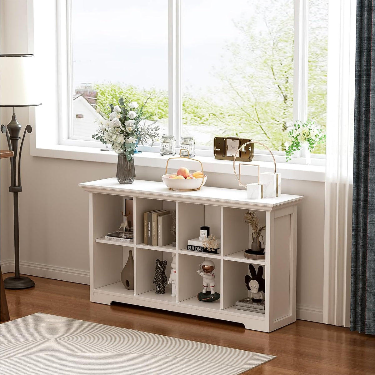 Cube Shelf Bookcase with Base - Wooden 2 Tiers Floor Standing Low Storage Cabinet for Home and