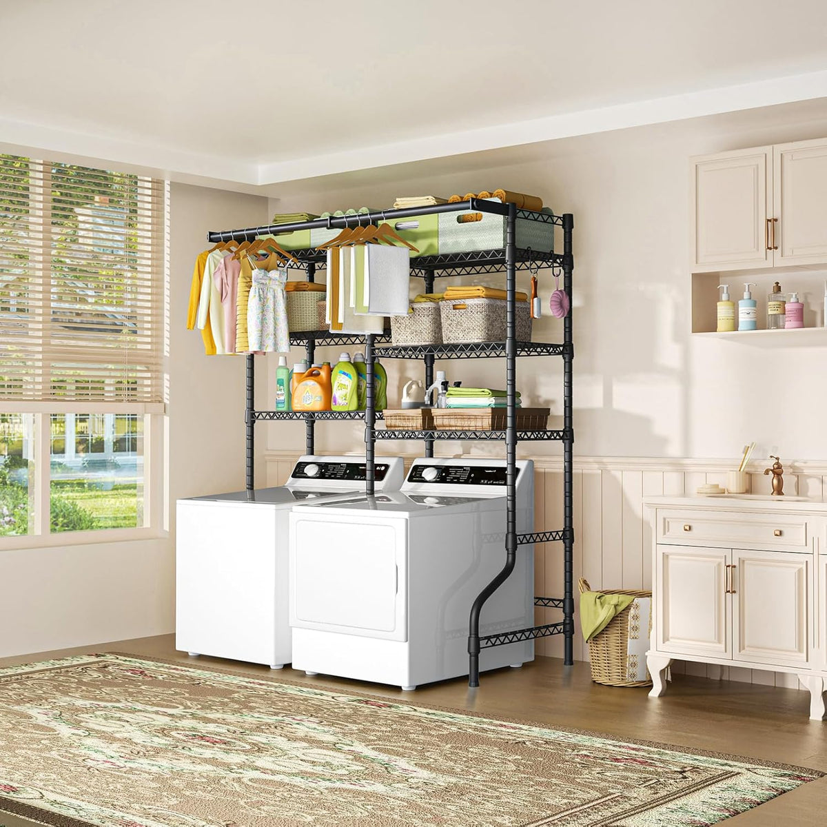 Ulif U13 Over Washer and Dryer Storage Shelves, 6 Tiers Laundry Room Standing Shelf with 2 Hanger