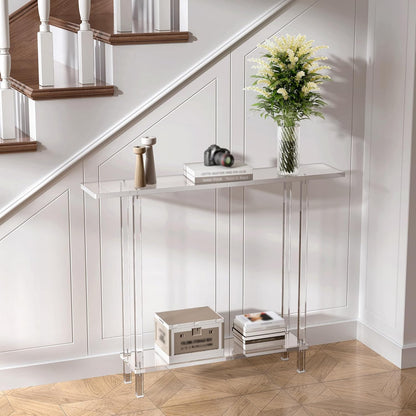 Acrylic Narrow Console Table for Entryway, 7.6" D x 39.4" W x 31.5" H, Square Legs, Skinny Entry