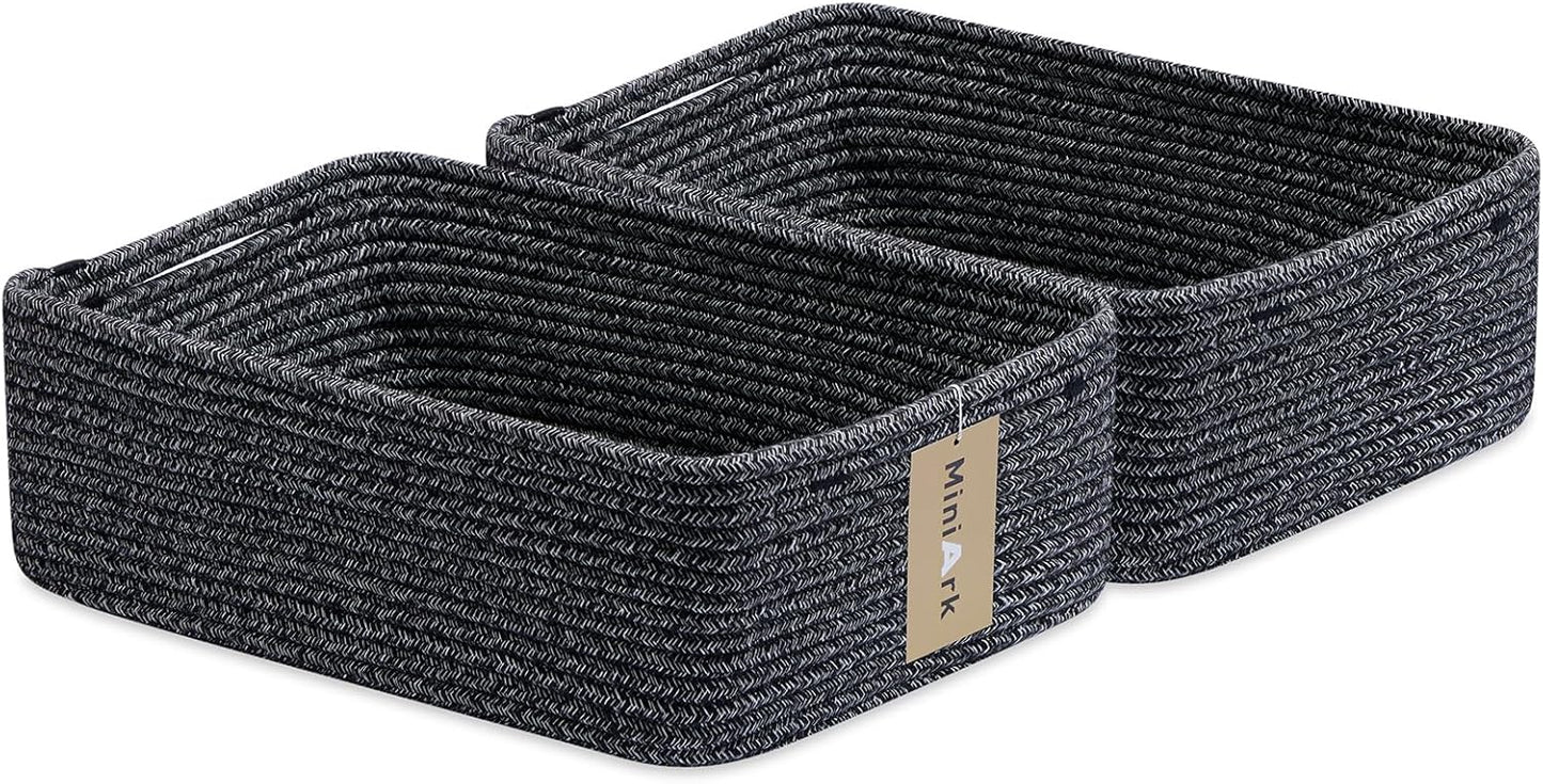 Large Shallow Organizing Baskets 15x11x5.1 Inches - Rope Woven Storage Bins for Bathroom, Shelves