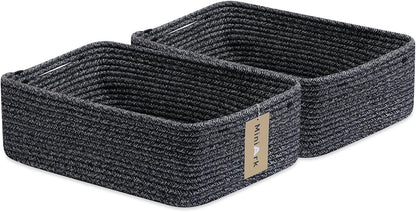 Large Shallow Organizing Baskets 15x11x5.1 Inches - Rope Woven Storage Bins for Bathroom, Shelves