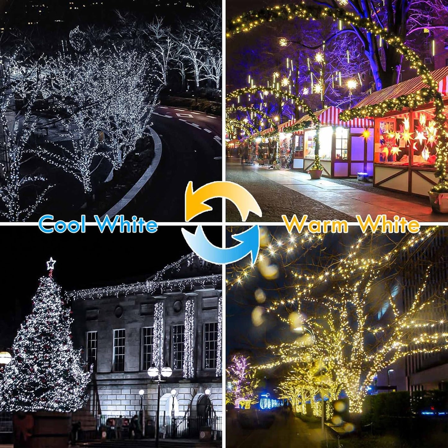 (Warm White ⇋ Cool White) Solar Christmas String Lights Outdoor, 2-Pack Total 80FT 200 LED Solar