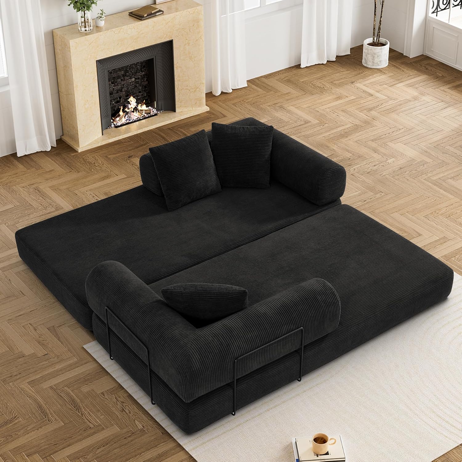 Convertible Sleeper Sofa Bed with Pillow, 4-in-1 Corduroy Folding Mattress Couch with Fixed-Shape