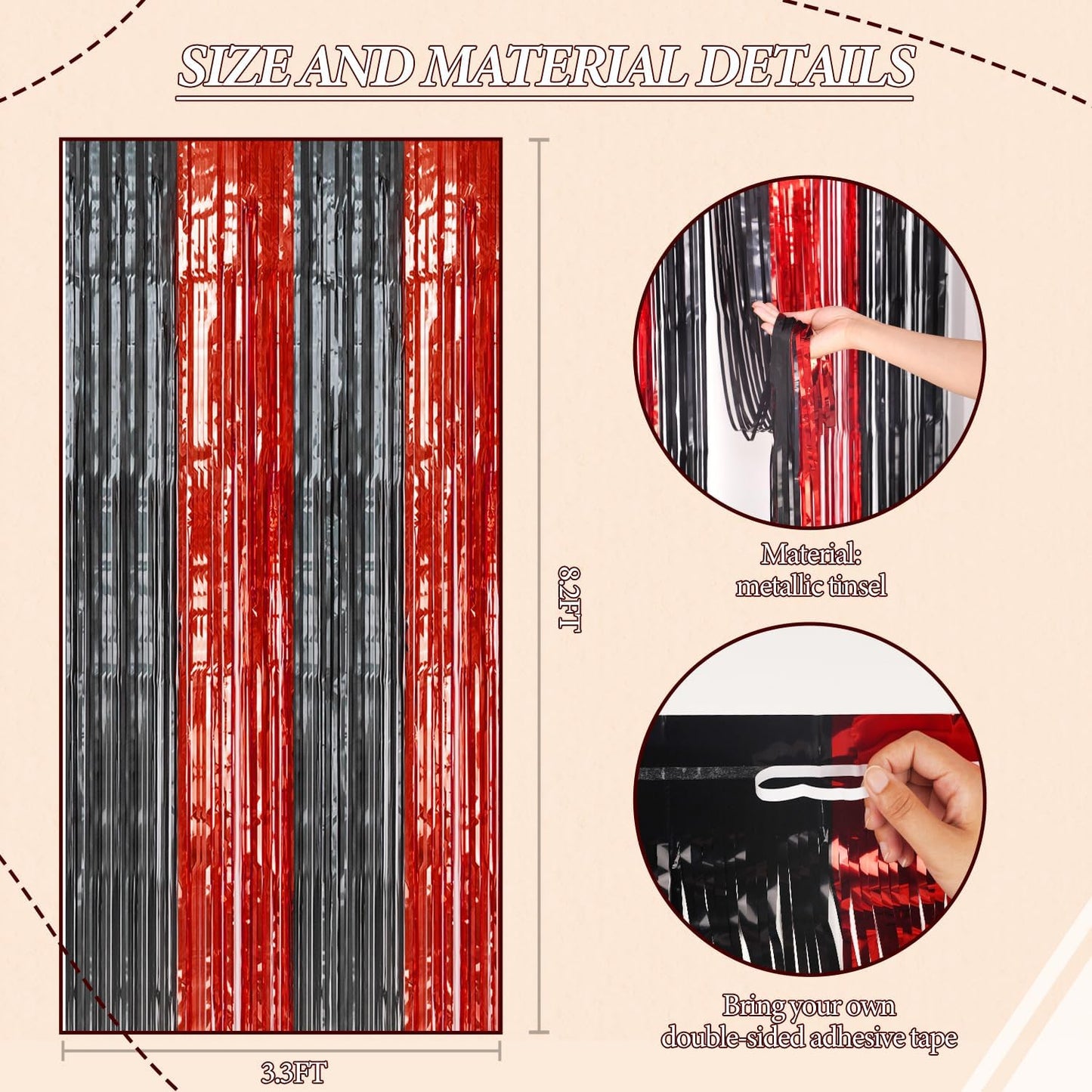 3 Pack Foil Fringe Backdrop - Red&Black Shiny Tinsel Curtains for Party Decoration/Photo Booth