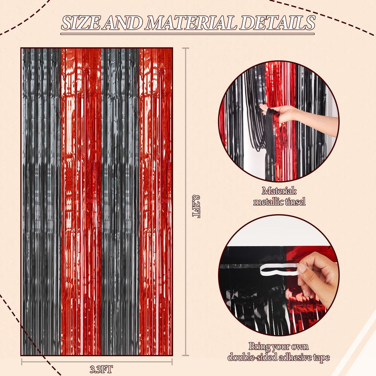 3 Pack Foil Fringe Backdrop - Red&Black Shiny Tinsel Curtains for Party Decoration/Photo Booth