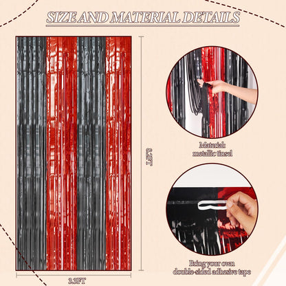 3 Pack Foil Fringe Backdrop - Red&Black Shiny Tinsel Curtains for Party Decoration/Photo Booth