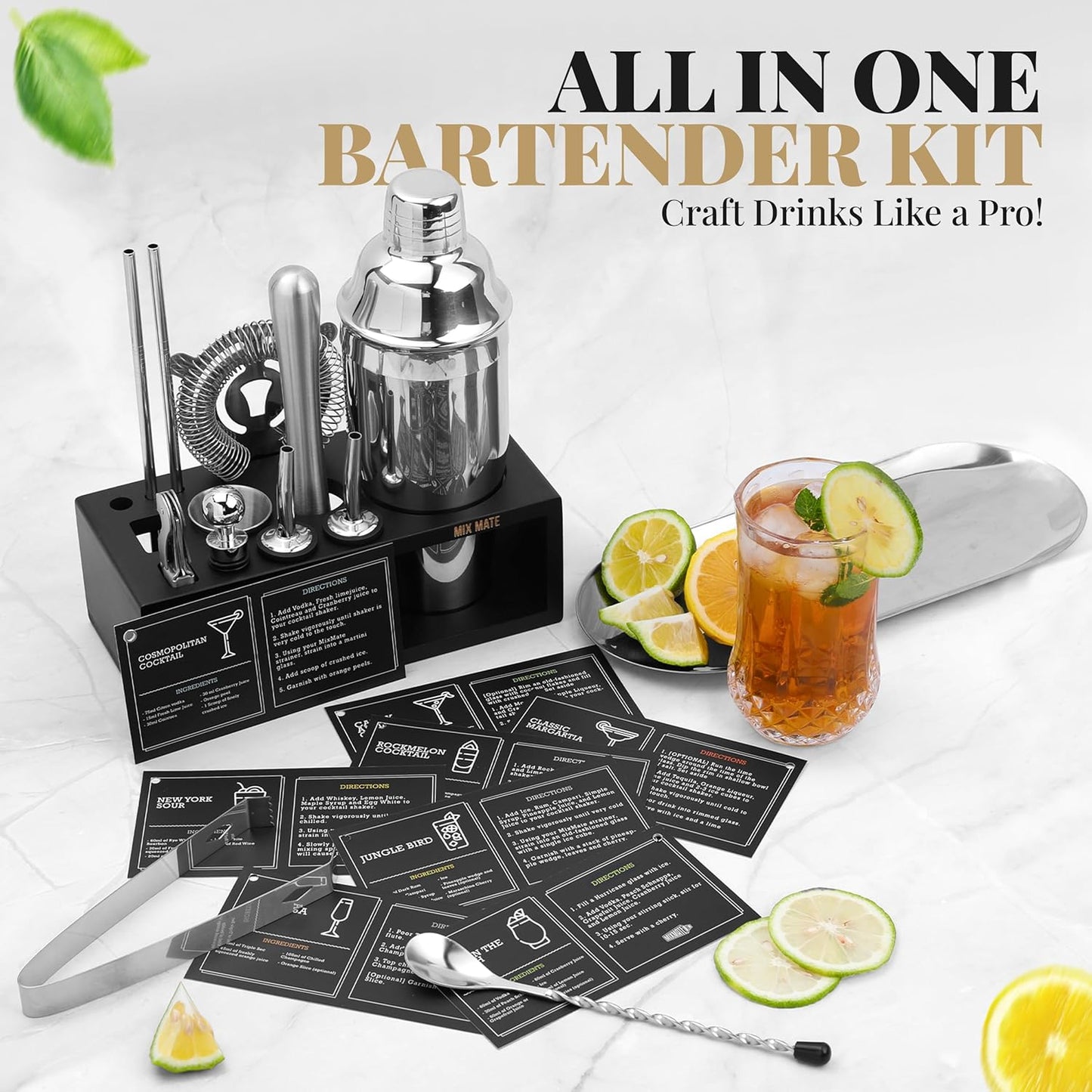 Mixology Bartender Kit with Stand - 15 Piece Bar Tool Set, Silver Bar Set Cocktail Shaker Set for