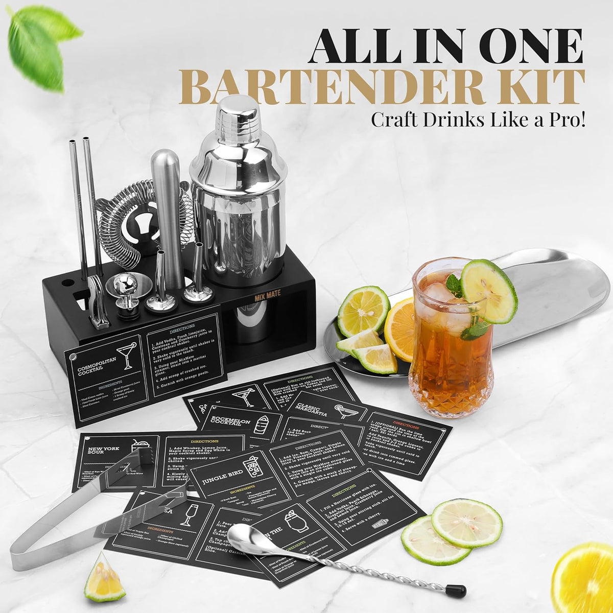 Mixology Bartender Kit with Stand - 15 Piece Bar Tool Set, Silver Bar Set Cocktail Shaker Set for