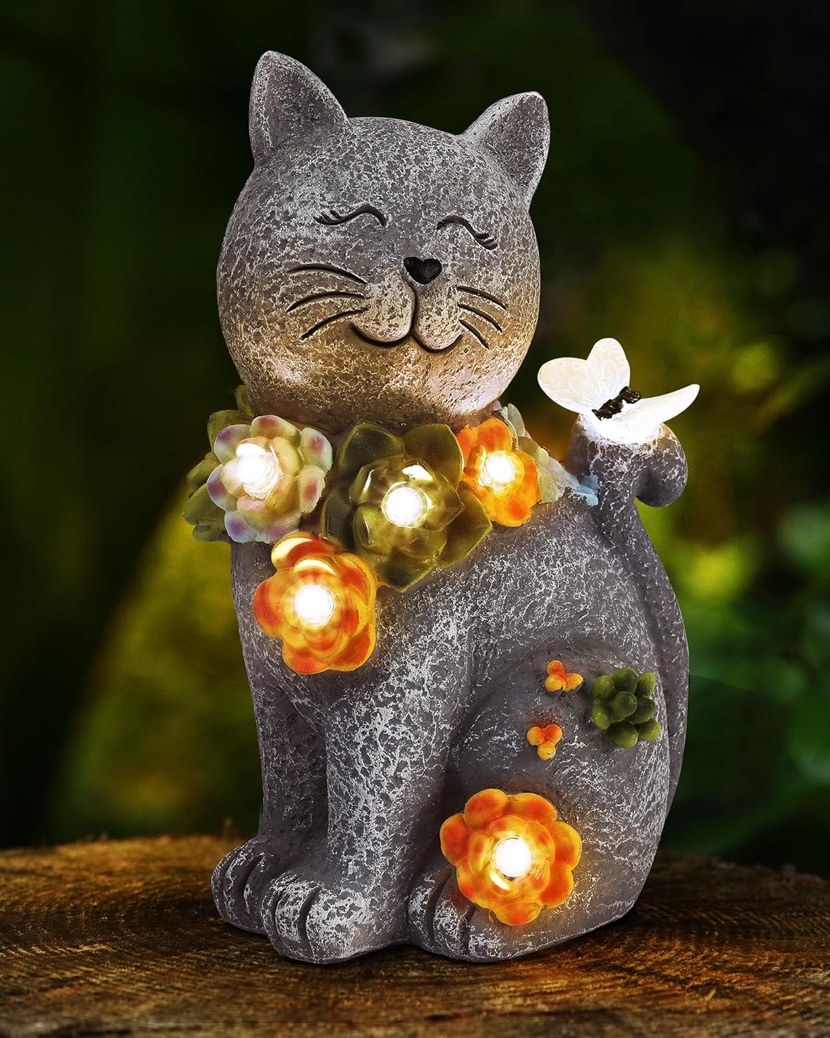 Solar Garden Statues Outdoor Decor, 6 LED Cat Flowers Butterfly Figurine Lights, Waterproof for