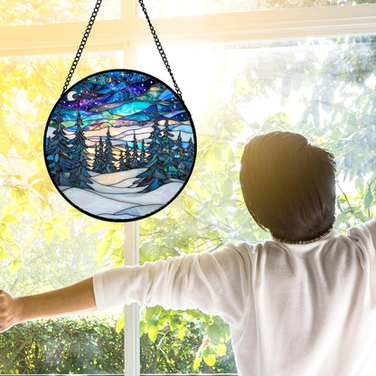 Stained Glass Window Hanging, Starry Sky Trees and Snow Sun Catchers Glass Panel Blue Suncatcher