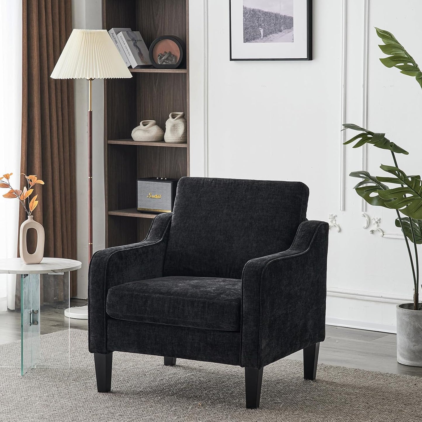 VINGLI Mid Century Modern Accent Chairs, Black Soft Chenille Reading Chair Upholstered Armchair