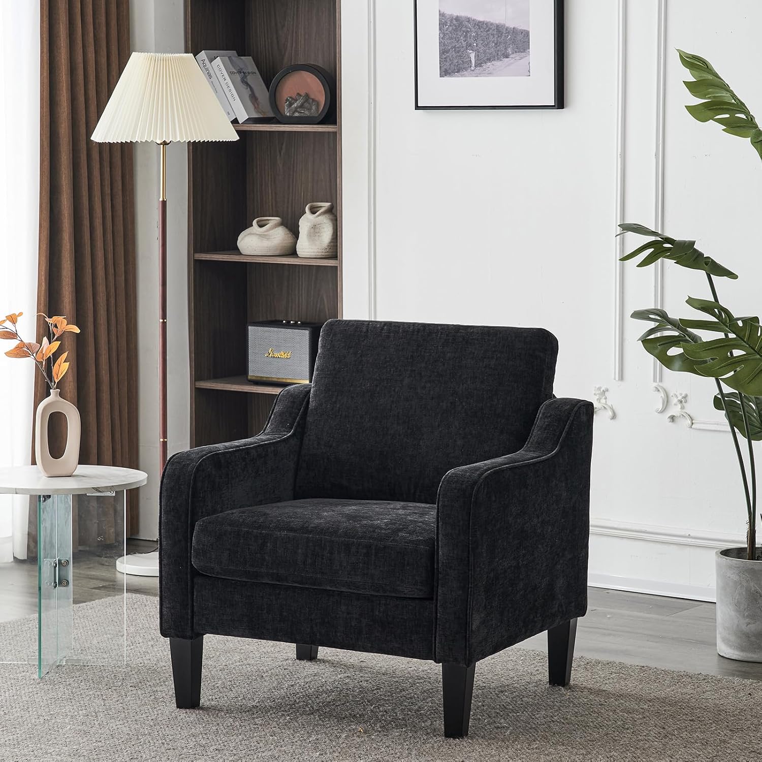 VINGLI Mid Century Modern Accent Chairs, Black Soft Chenille Reading Chair Upholstered Armchair