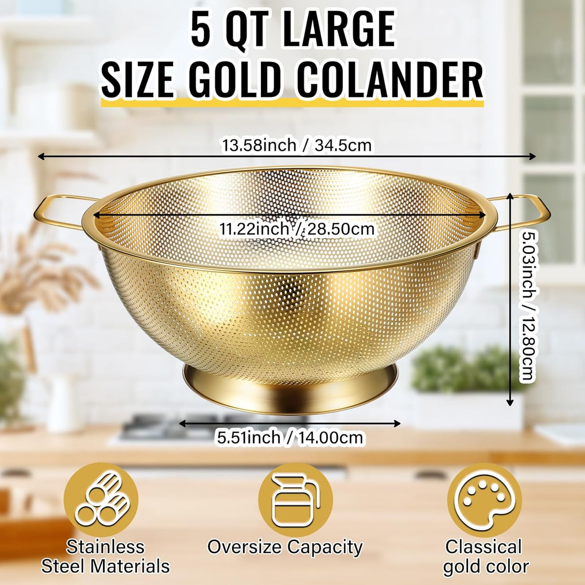Norme 5 Quart Stainless Steel Gold Colander and 3 Pcs Gold Fine Mesh Strainer, Stainless Steel
