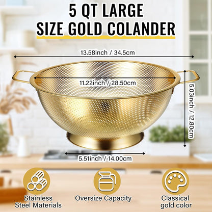 Norme 5 Quart Stainless Steel Gold Colander and 3 Pcs Gold Fine Mesh Strainer, Stainless Steel
