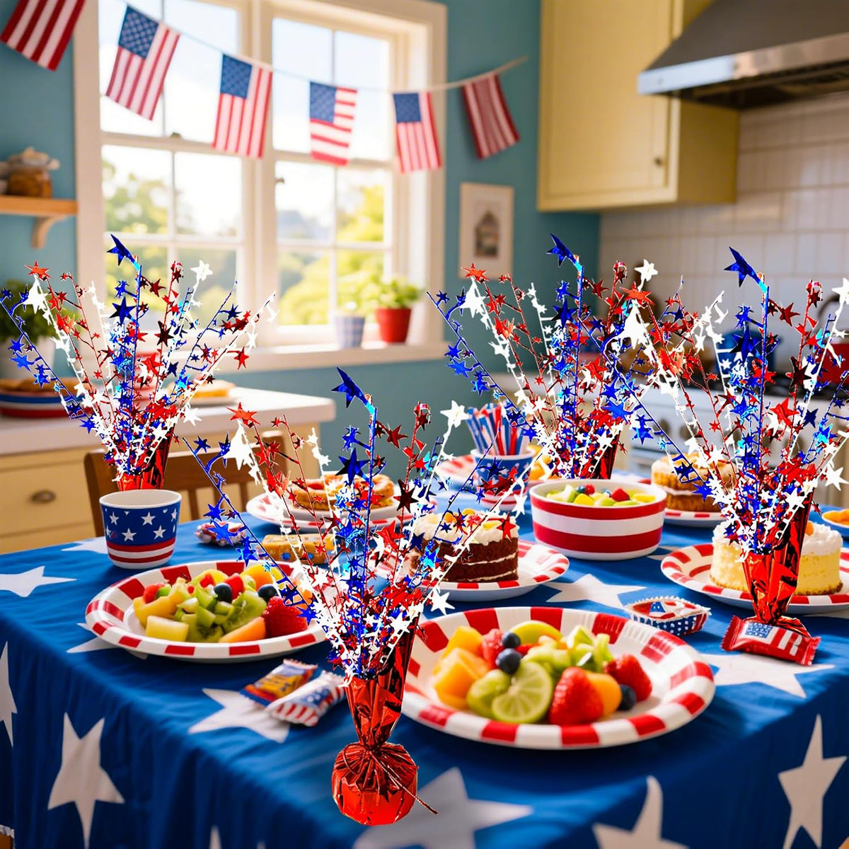6 Pack 4th of July Table Centerpiece Decoration Metallic Foil Spray Star Burst Patriotic Decoration