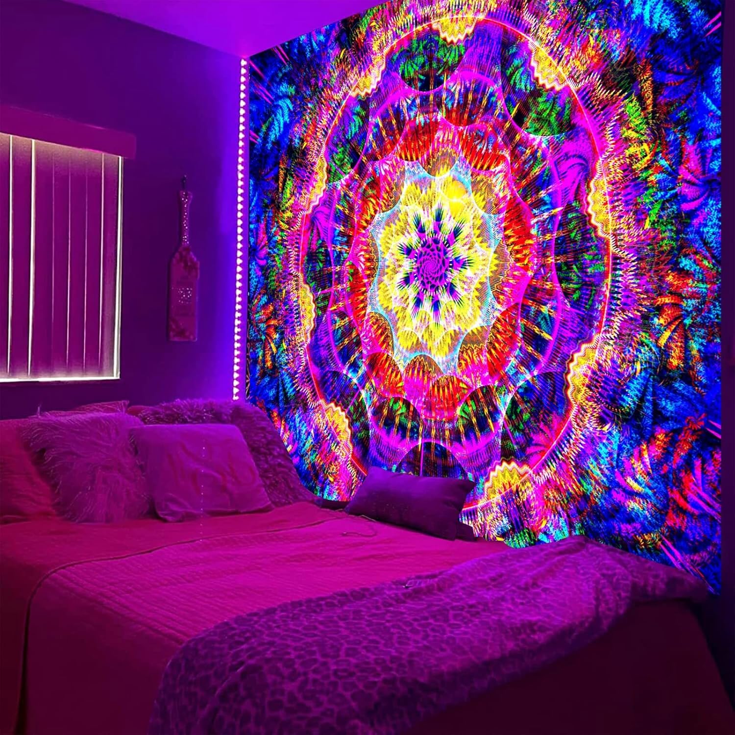 PSYHILAR Blacklight Mandala Tapestry for Bedroom, Psychedelic Black Light Posters for Adults and