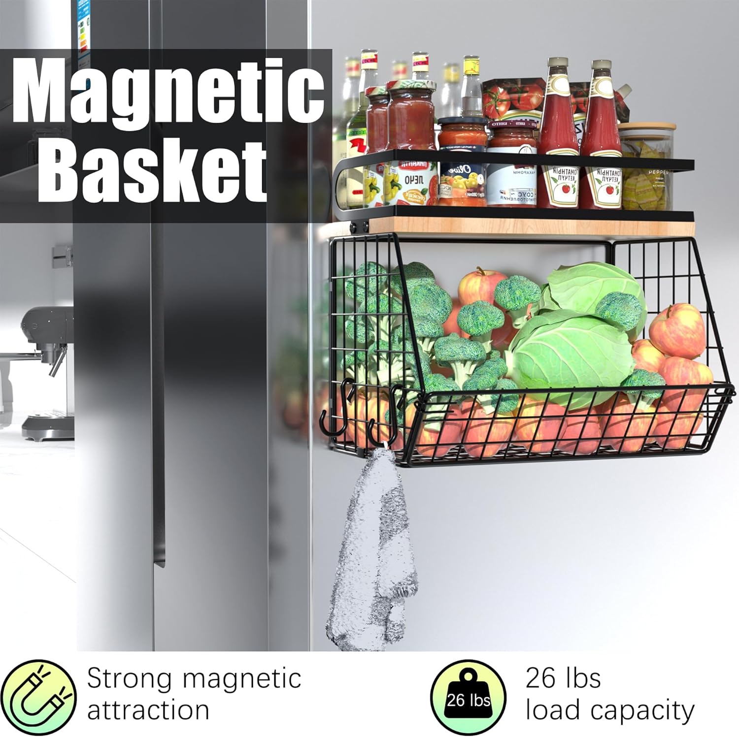 Magnetic Spice Rack for Refrigerator, Fruit, Potato & Onion Storage Bin,Large Capacity Magnetic