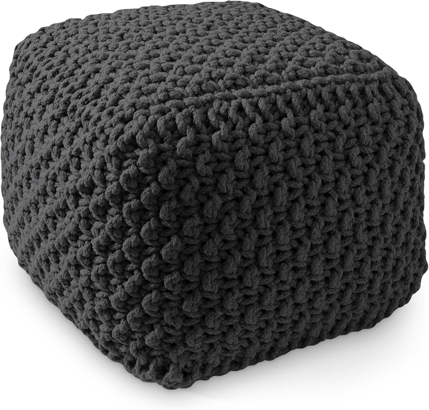 Casafield Square Pouf Ottoman, Black - 18.5" W x 18.5" D x 14.5" H Cotton Knit Foot Stool - Boho