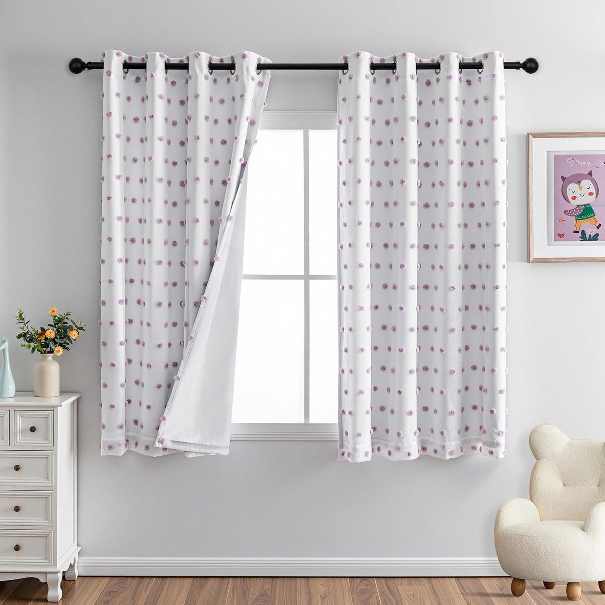 MYSKY HOME 100% Blackout Curtains for Girls Bedroom 63 Inch Long Purple Pom Pom Curtains for Kids