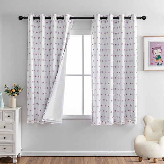 MYSKY HOME 100% Blackout Curtains for Girls Bedroom 54 Inch Long Purple Pom Pom Full Blackout