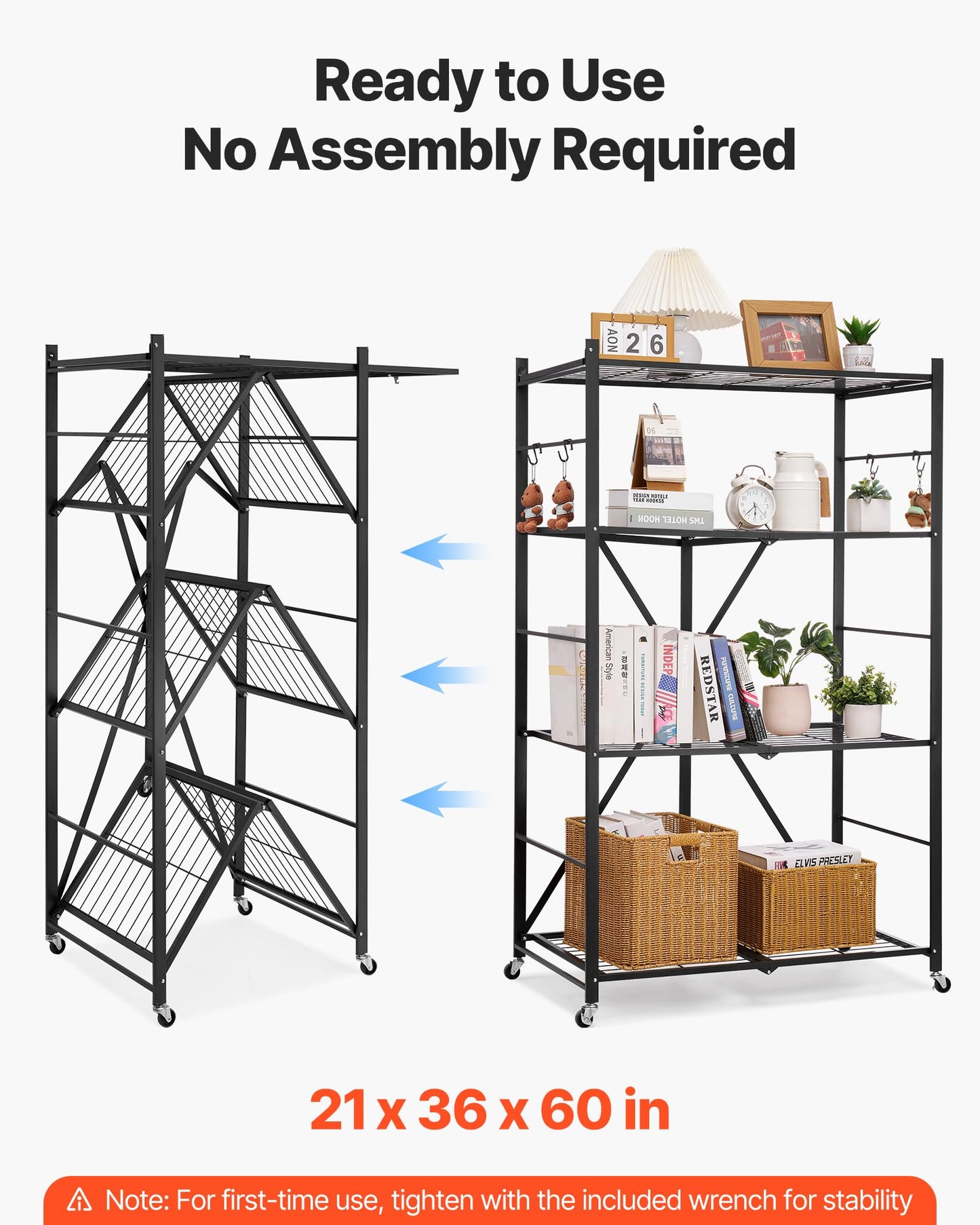 VEVOR 4-Tier Foldable Storage Shelf, 36W x 21D x 60H Inch Folding Metal Rack Shelving Unit, No