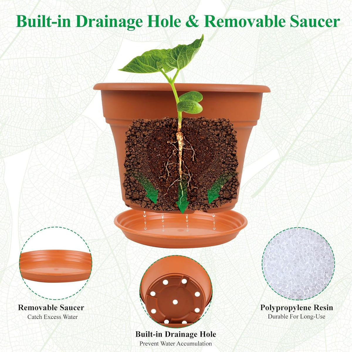 8 Inch Plastic-Flower Pot-for-Indoor Plants, 4 Pack Large Outdoor Planter Pot with Drainage Holes &