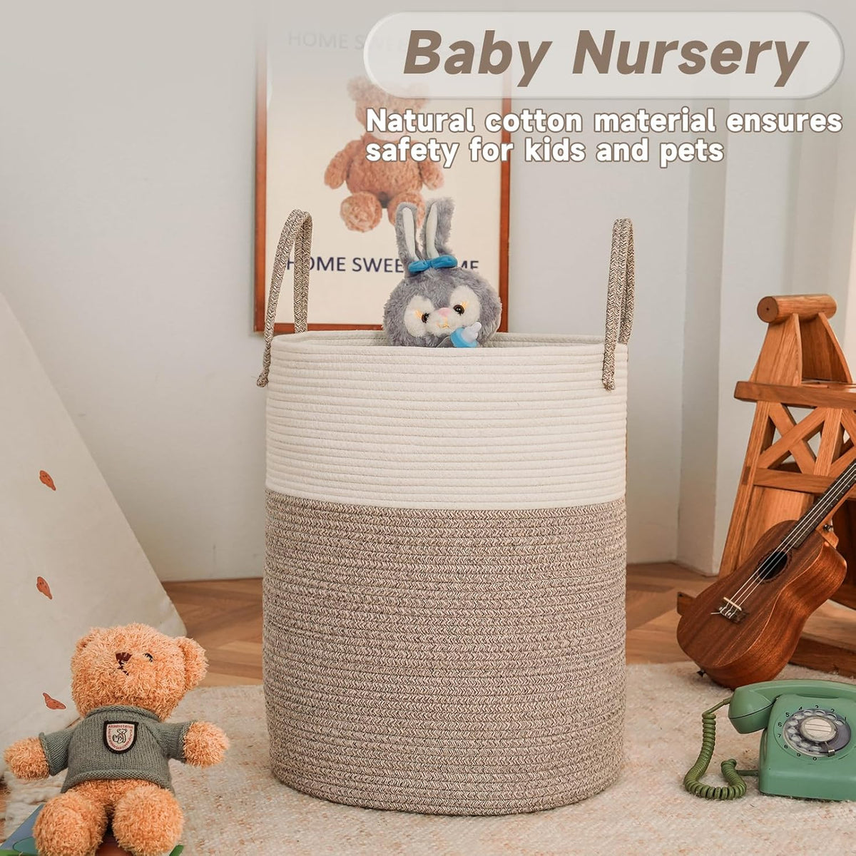 Large Woven Laundry Basket Hamper,100L Cotton Rope Storage Bin for Blankets,Toys and