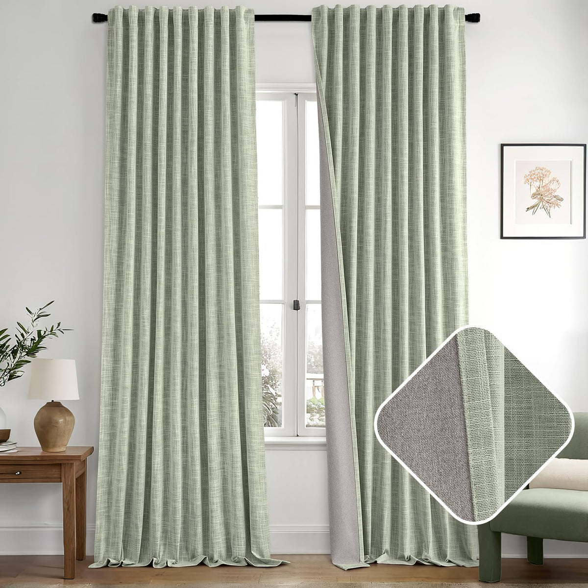 MIULEE Sage Green 100% Blackout Linen Curtain 96 Inch 2 Panel Set Double Sided No Coating Pinch